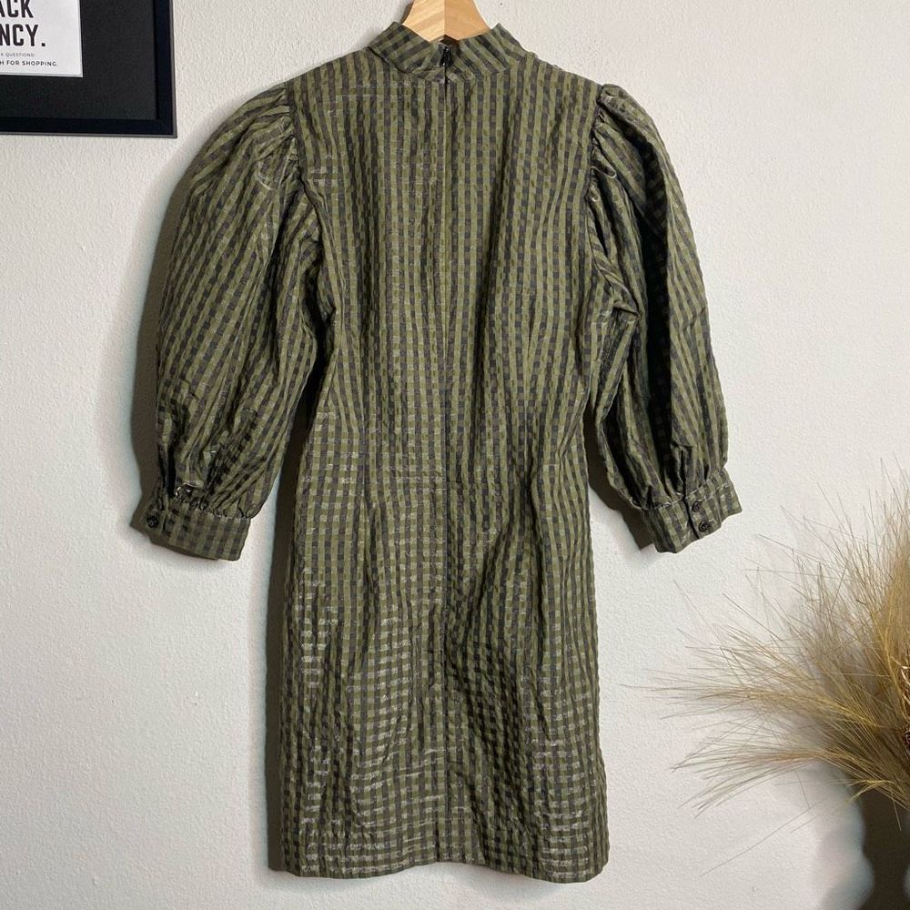 GANNI Dress Seersucker Gingham Mini Dress Green Size 34 - Picture 8 of 11